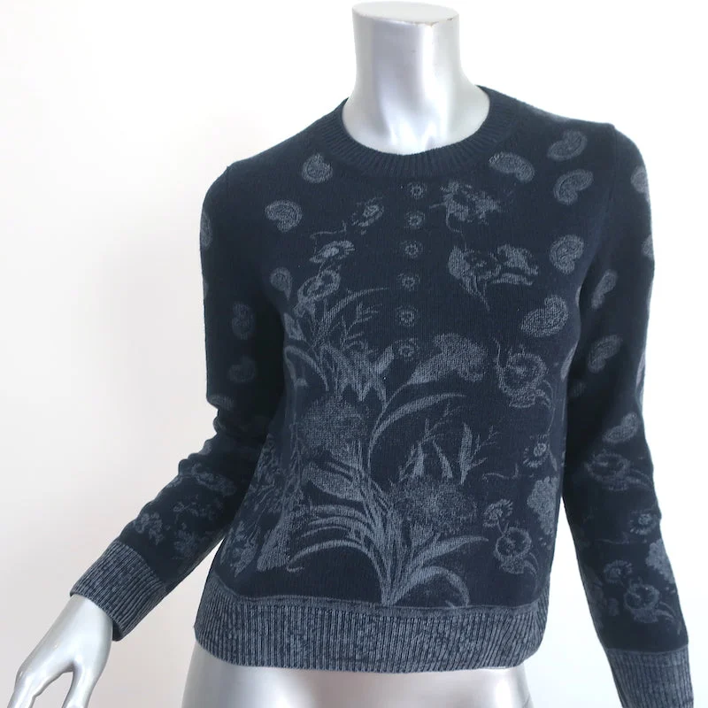Christian Dior Cashmere Sweater Navy Paisley & Floral Print Size 36 Velvet Chenille Corduroy