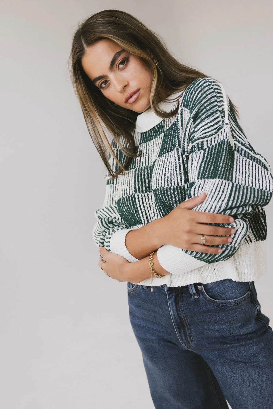 Cielo Checkered Sweater in Green - FINAL SALE Print Jacquard Patchwork