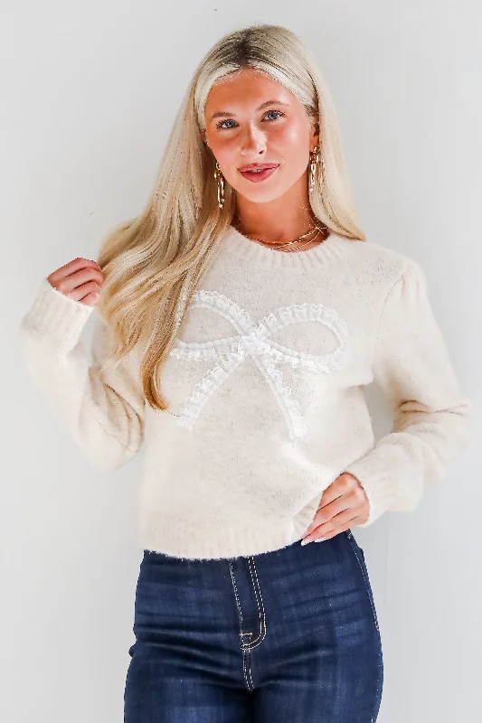 Constantly A Cutie Cream Lace Bow Sweater Long Sweater Short Sweater Cropped Sweater