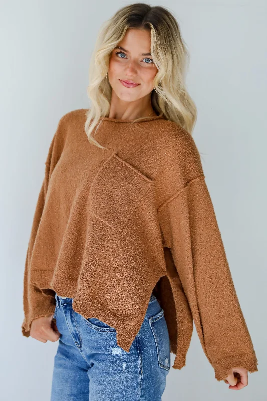 Cooler Forecast Brown Sweater Boat Neck Shawl Collar Notched Collar