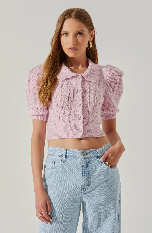 Dallyn Pointelle Collared Short Sleeve Sweater Elasticated Padded Insulated
