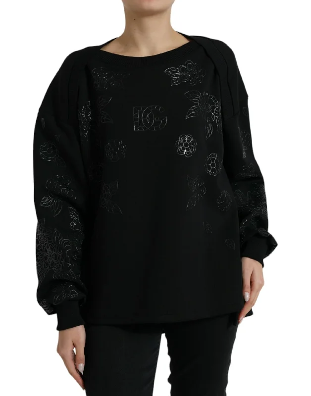 Dolce & Gabbana Elegant Black Floral Applique Sweater Denim Fabric Leather Fabric Suede Fabric