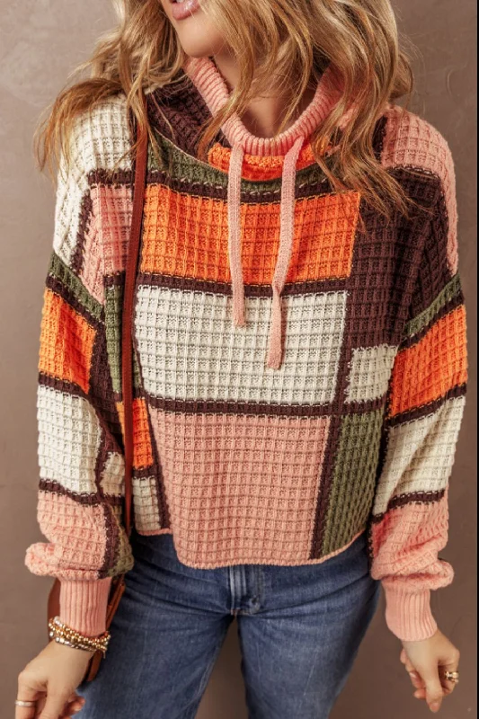 Drawstring Color Block Mock Neck Sweater Cashmere Blend Cotton Blend Poly Blend