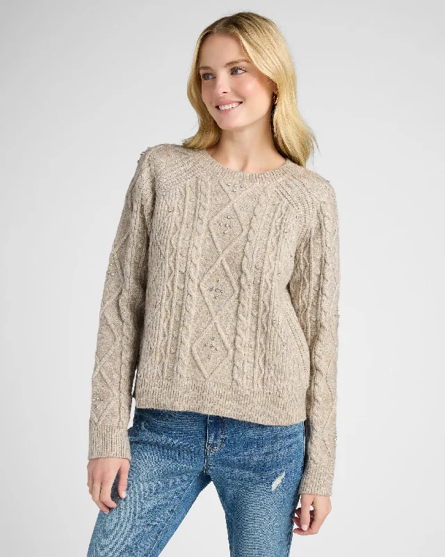 Embellished Cable Crew Sweater Anti-Pilling Anti-Shrink Durable