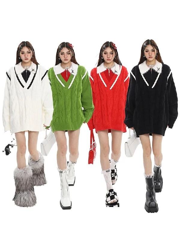 Essence Solid Color V-Neck Long Sleeve Knitted Sweater Zippered Front Buttoned Front Snap Front