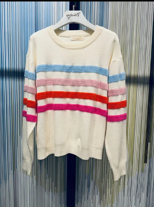 Supersoft cream sweater with Fluffy stripes . Hooded Caped Shawl Collar