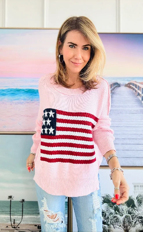 Flag Cable Knit Sweater Top - Blush Denim Fabric Leather Fabric Suede Fabric