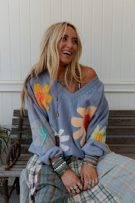 Good Mood Flower Print Sweater - Blue Fleece Sweater Nylon Polyester