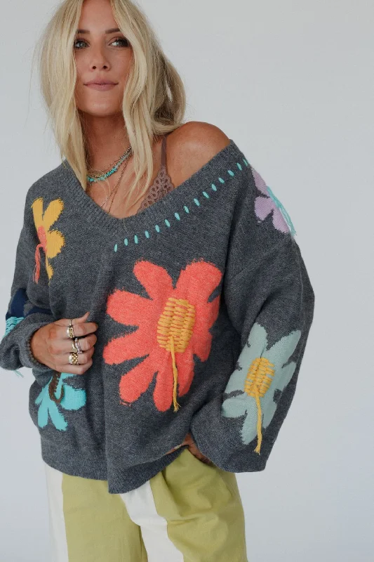 Good Mood Flower Print Sweater - Charcoal Fleece Sweater Nylon Polyester