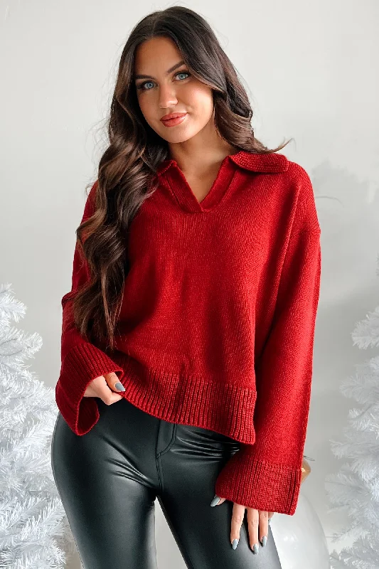 Grounded In Gratitude Oversized Collared Sweater (Burgundy) Sweater Knitwear Pullover