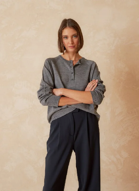 Indi & Cold Lightweight Merino Henley Sweater Stylish Fashionable Trendy