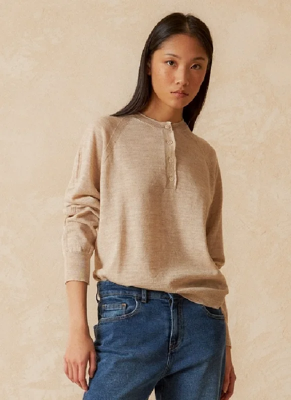 Indi & Cold Lightweight Merino Henley Sweater Notch Collar Peter Pan Collar Cowl Neck