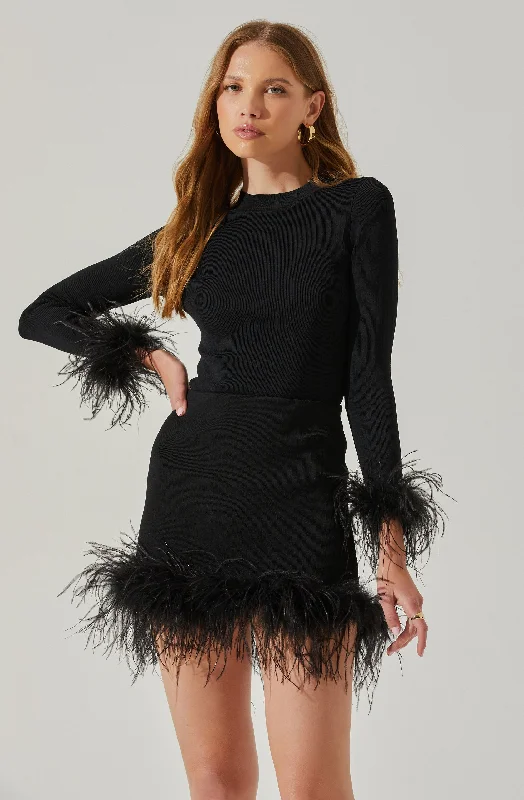 Keily Feather Trim Sweater Turtle Neck Boat Neck Asymmetrical Neck