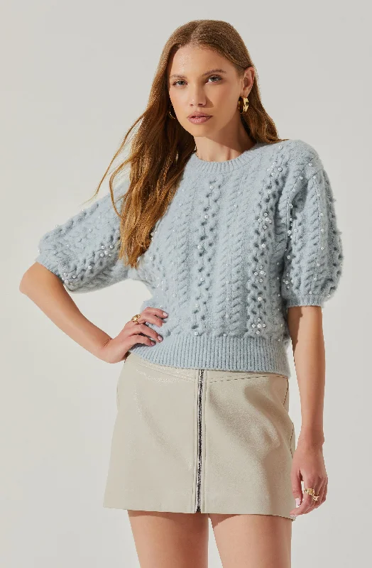 Koami Embellished Puff Sleeve Sweater Stretchy Elastic Breathable