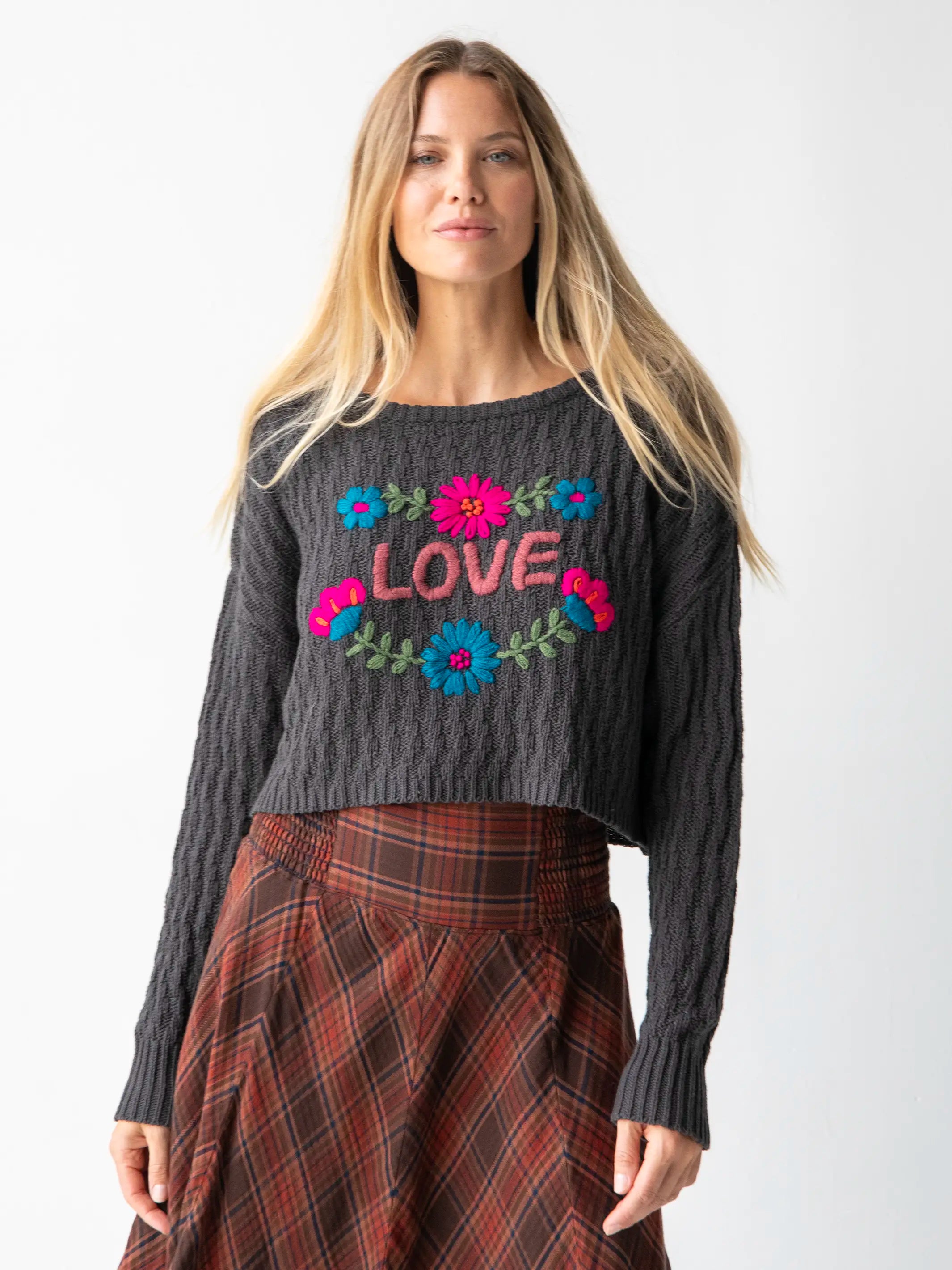Little Things Embroidered Pullover Sweater - Charcoal Love Thin Thick Dense