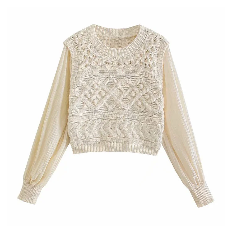 Long sleeved shirt vest stitching fake two-piece sweater top  7378 Long Sweater Short Sweater Cropped Sweater