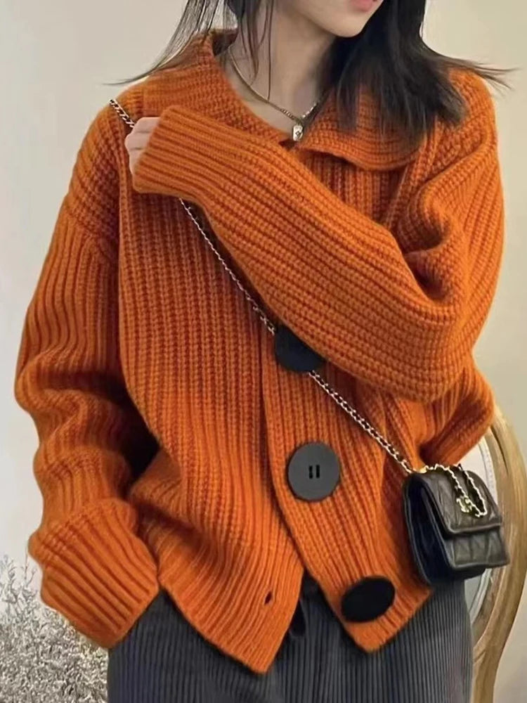 Loose Thick Large Button Knitted Autumn Winter Long Sweater Front Pockets Side Pockets Patch Pockets