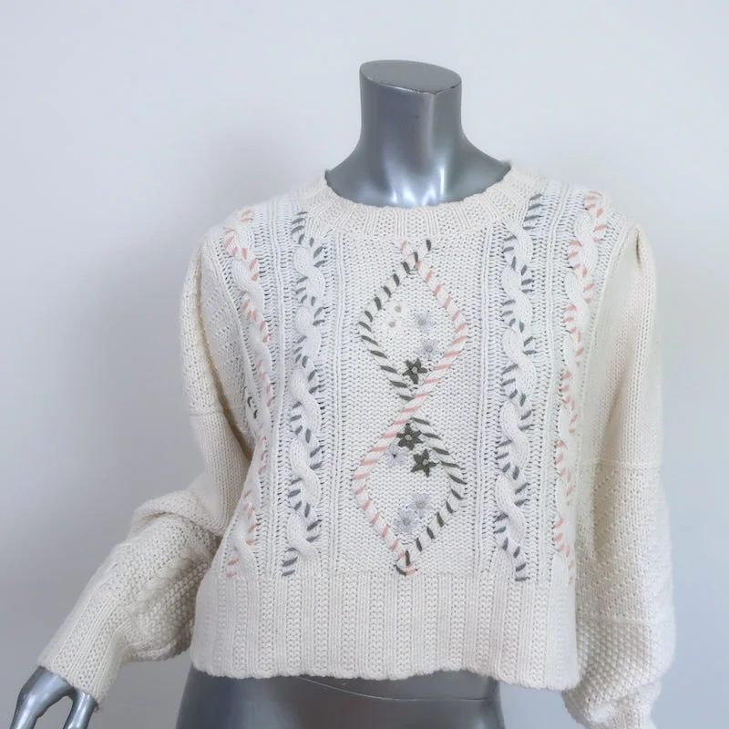 LoveShackFancy Sweater Leni Cream Embroidered Cable Knit Size Small Lightweight Heavyweight Midweight
