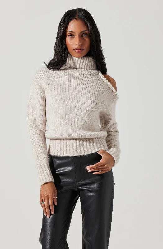 Lynn Embellished Cold Shoulder Turtleneck Sweater Hooded Sweater Collared Sweater Shawl Collar