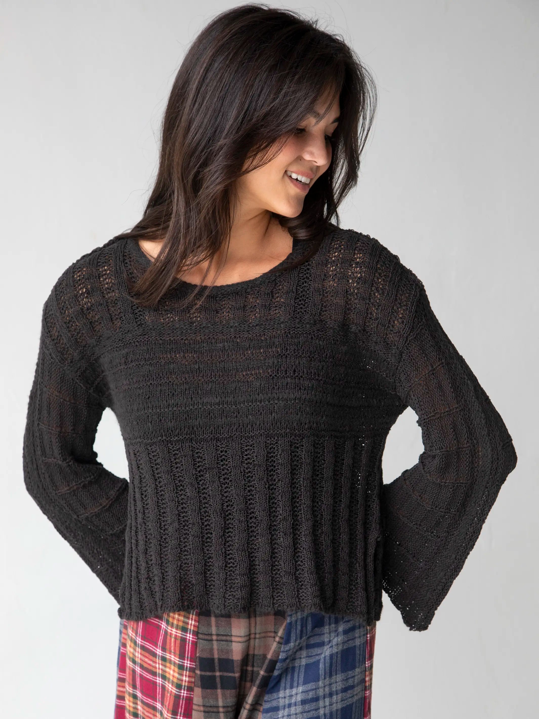 Monterey Tape Yarn Sweater - Washed Black High Neck Crew Neck V-Neck