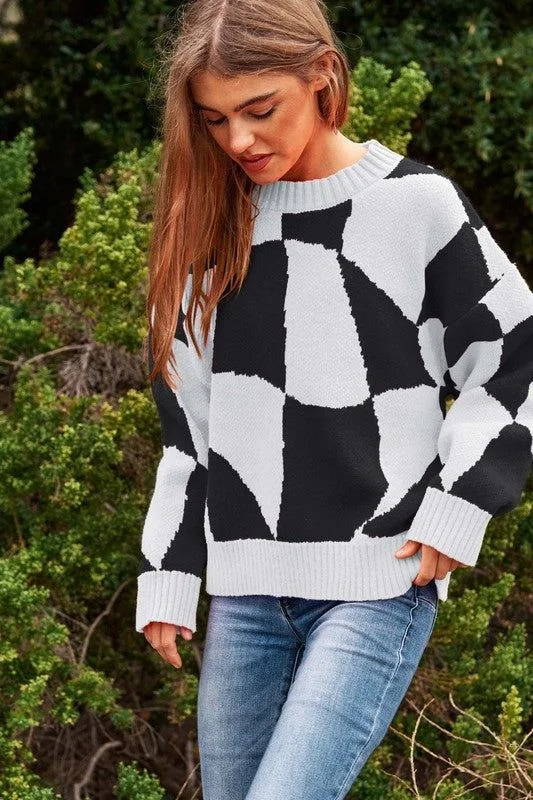 Davi & Dani Multi Geo Checker Pullover Knit Sweater Top Collared Crew Neck Turtle Neck