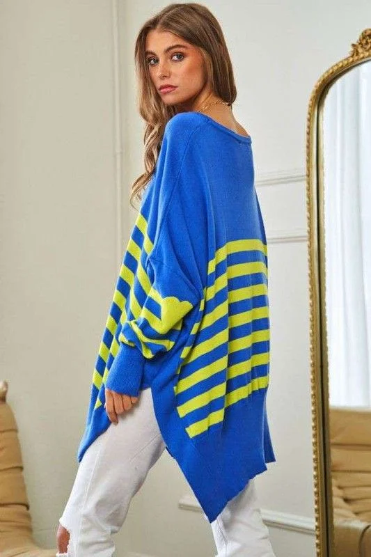 Davi & Dani Multi Striped Elbow Patch Loose Fit Sweater Top Front Pockets Side Pockets Patch Pockets