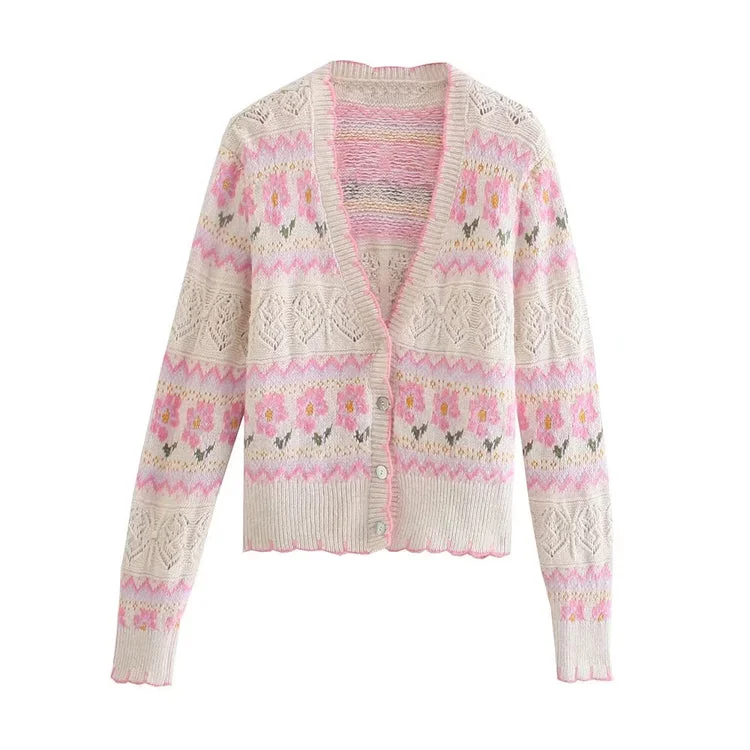 New sweet hollow flower jacquard V-neck knitted coat sweater  7373 Spandex Rayon Corduroy