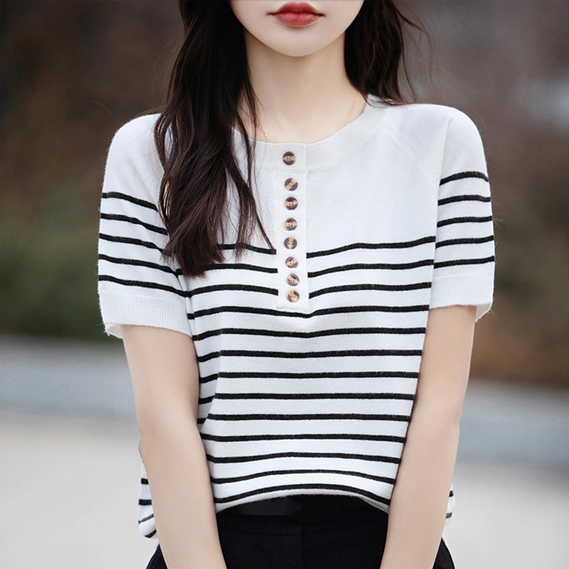 O-Neck Stripe Summer Short Thin Casual Fashion Knit Sweater Wool Fabric Cashmere Fabric Tweed Fabric
