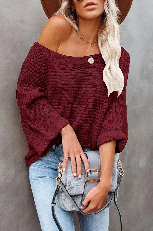 Off Shoulder Long Sleeves Oversized Sweater Denim Fabric Leather Fabric Suede Fabric