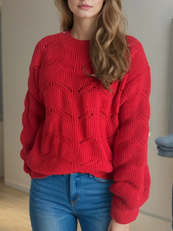 Openwork Round Neck Dropped Shoulder Sweater Denim Fabric Leather Fabric Suede Fabric