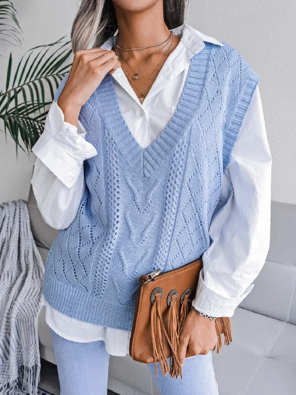 Openwork V-Neck Sweater Vest Terry Blend Velvet Blend Canvas Blend