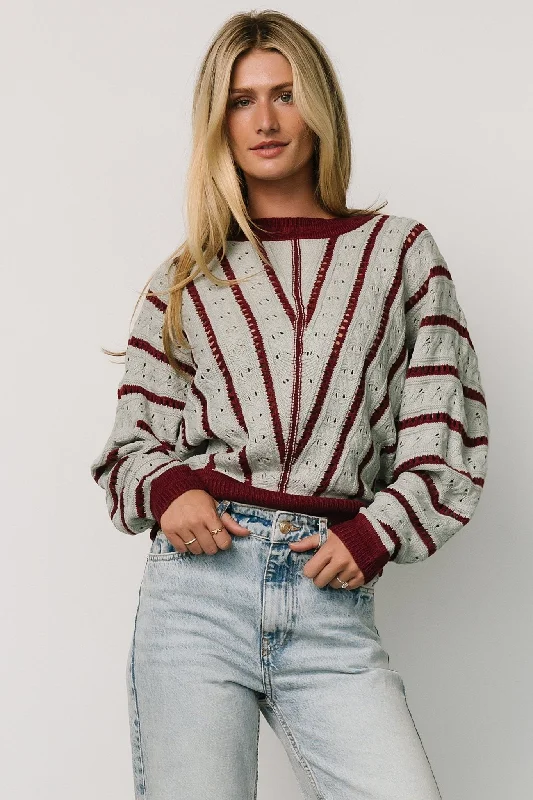 Paola Pointelle Sweater | Light Blue + Burgundy Embroidered Appliqued Beaded