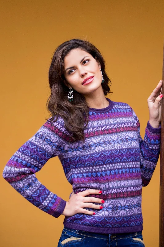 Purple Poppy Knit 100% Alpaca Snowflake Pattern Pullover Sweater Layered Multi-layer Single Layer