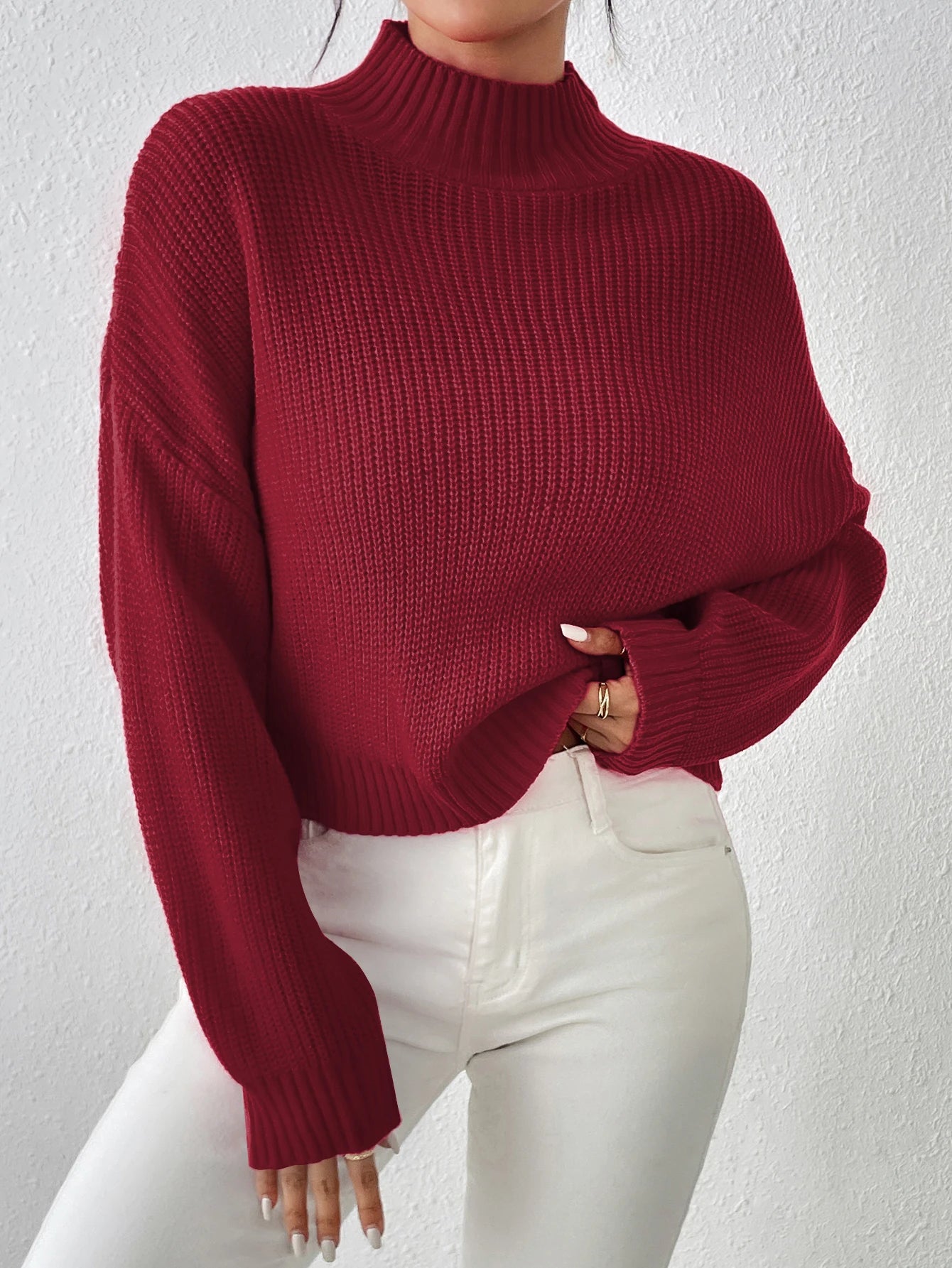 Ribbed Knitted Mock Long Solid High Drop Shoulder Sweater Boxy Sweater Fitted Sweater A-Line