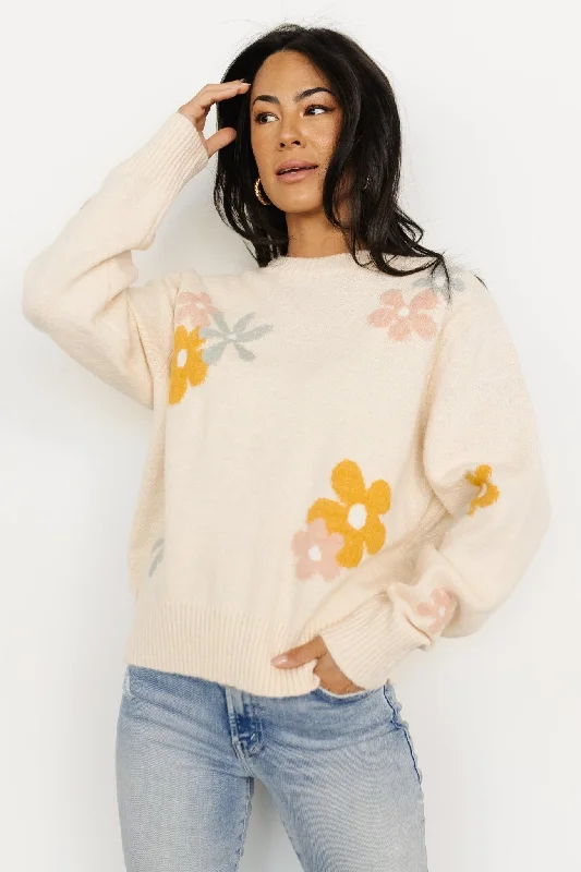 Roxy Sweater | Cream Flower Cotton Fabric Linen Fabric Terry Fabric
