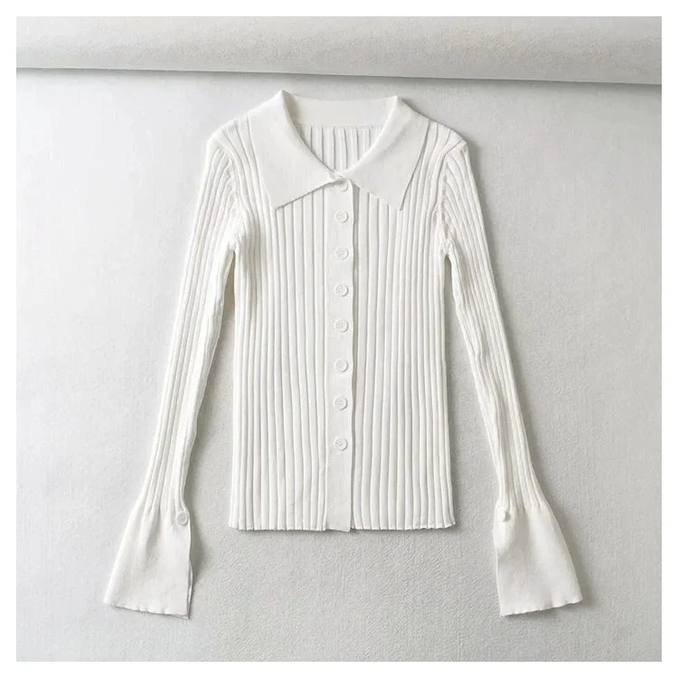 Single breasted flare sleeve pit stripe solid color sweater  7384 Modern Contemporary Chic
