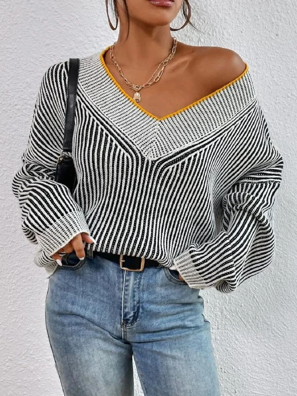 Striped V-Neck Long Sleeve Sweater Embroidered Appliqued Beaded