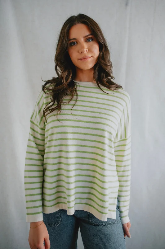 The Eileen Striped Sweater by FRNCH - Green Stripe Thin Thick Dense
