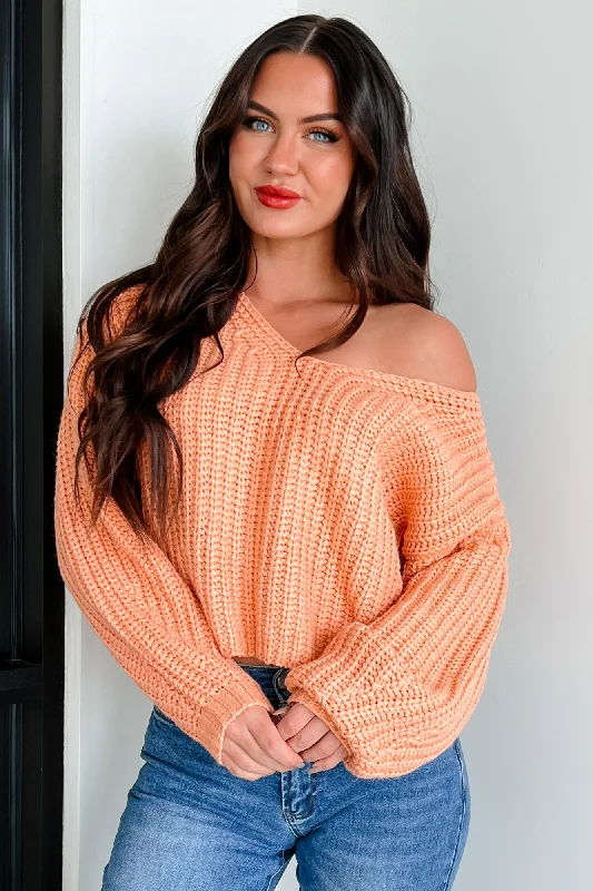 The World Is Yours Chunky V-Neck Sweater (Apricot Orange) Solid Print Embellished