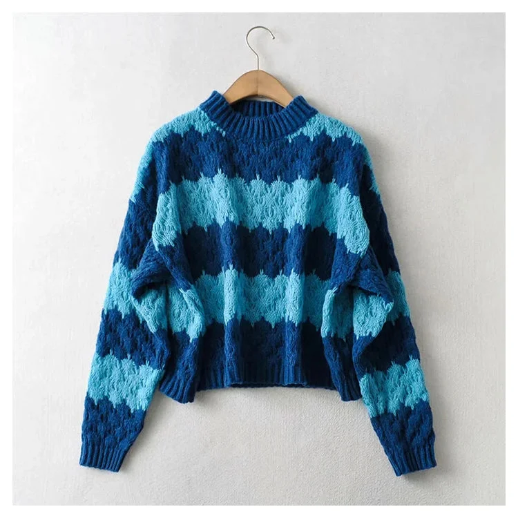 Thick needle jacquard stripe round neck Pullover knitted sweater  7399 Boat Neck Shawl Collar Notched Collar