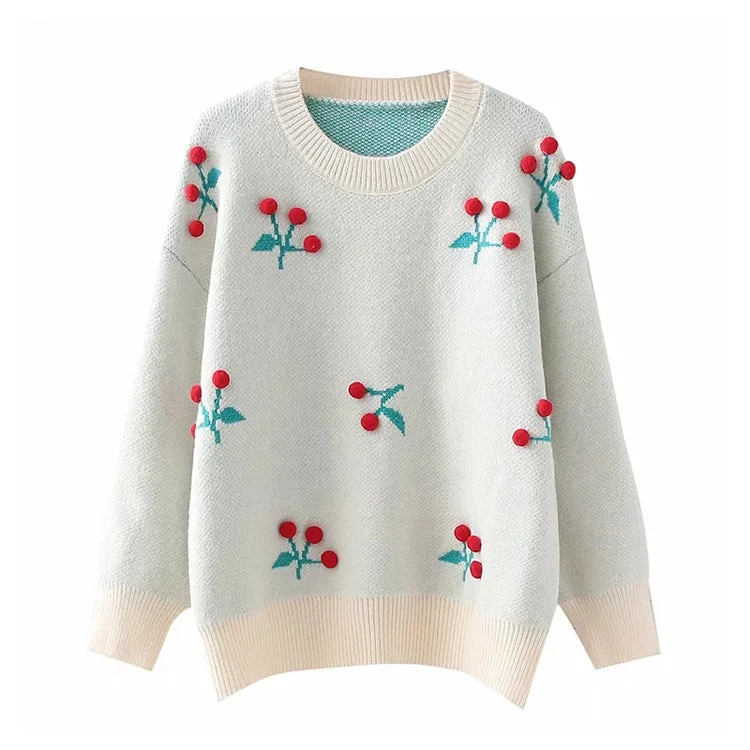 Three dimensional flower round neck Pullover knitted sweater lazy loose top  7388 Toggled Drawstring Belted