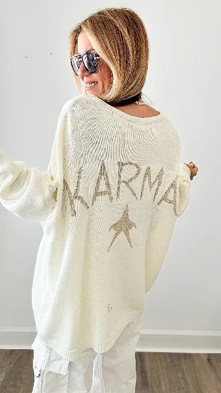 Karma Logo Oversized Knit Sweater Knit Fabric Woven Fabric Fleece Fabric