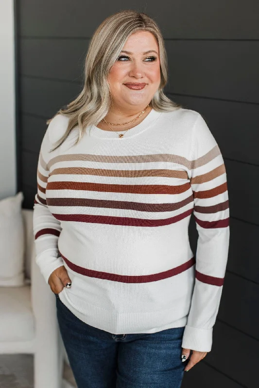 Way Back When Striped Sweater- Ivory & Rust Fleece Fabric Down Fabric Feather Fabric