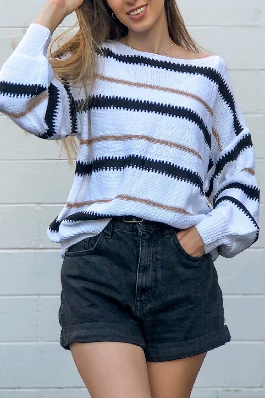 Crewneck Striped Color Block Oversized Knitted Sweater Mesh Fabric Canvas Fabric Denim Fabric