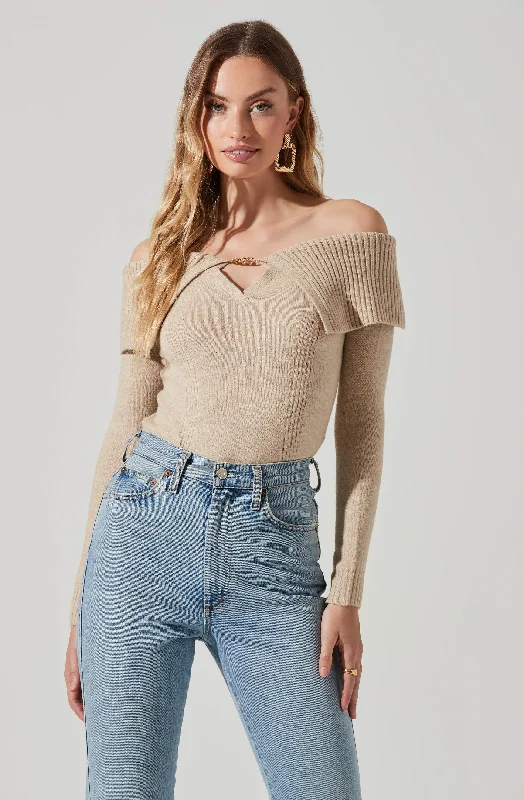 Zella Off Shoulder Chain Detail Sweater Silk Blend Satin Velvet