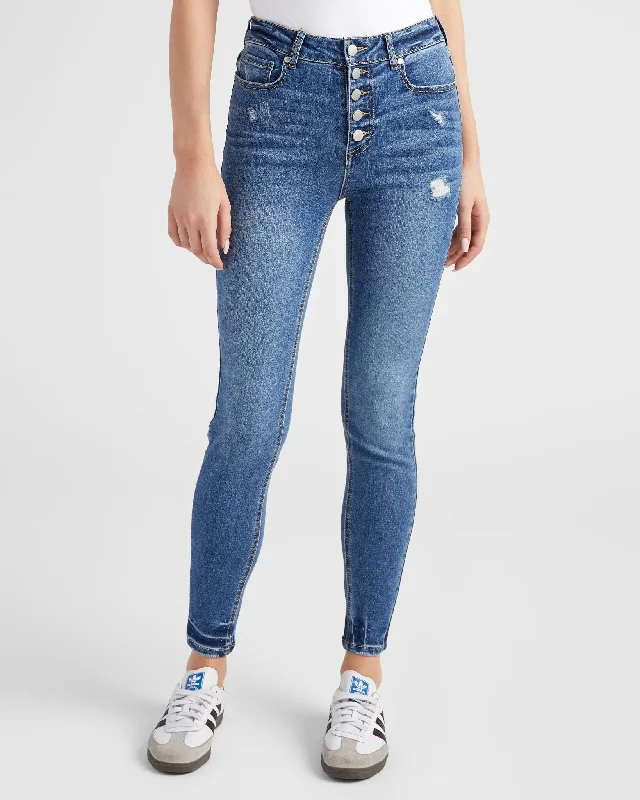 Tina High Rise Ankle Skinny Jeans with Button Fly Comfortable Folded Hem Jeans