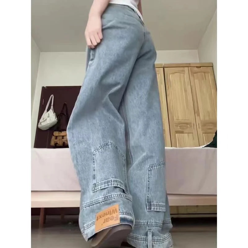 American retro high street women jeans y2k fashionable leg design washed high waist Trendy Vintage Denim Jeans