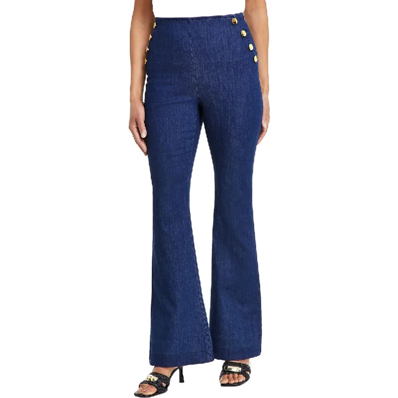 Womens High Rise Button Trim High-Waisted Jeans Classic Black Denim Jeans