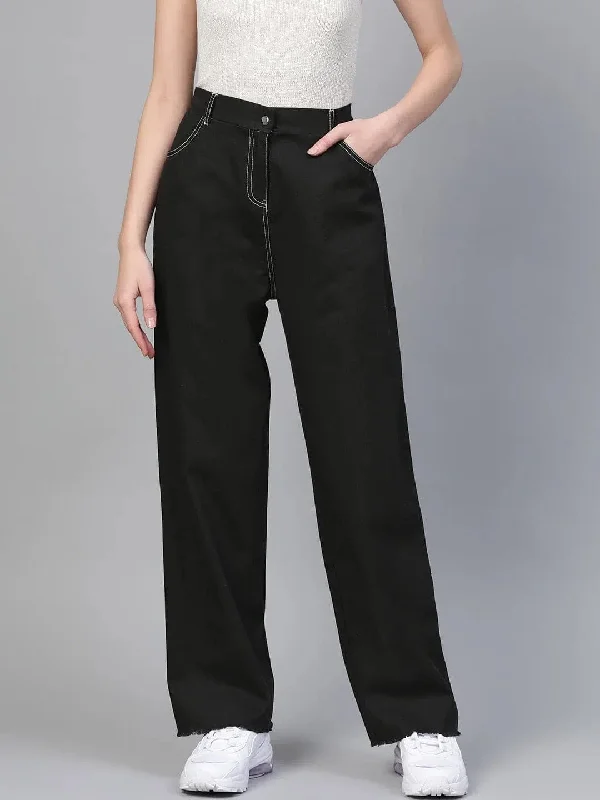 Black With White Contrast Stitch Wide Jeans Stylish Stone-Wash Denim Jeans