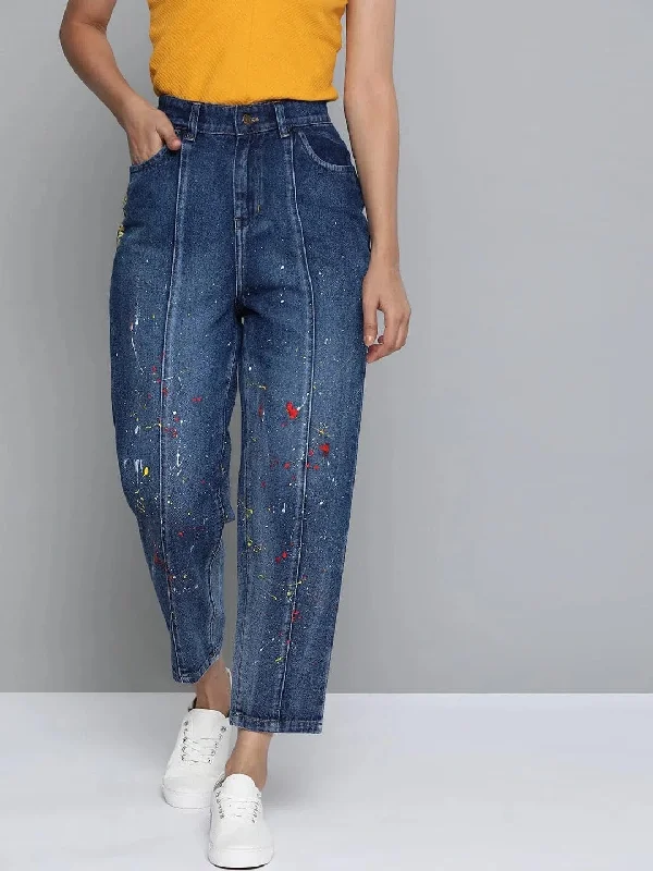 Blue Paint Splatter Slouchy Jeans Casual Bootcut Ripped Jeans